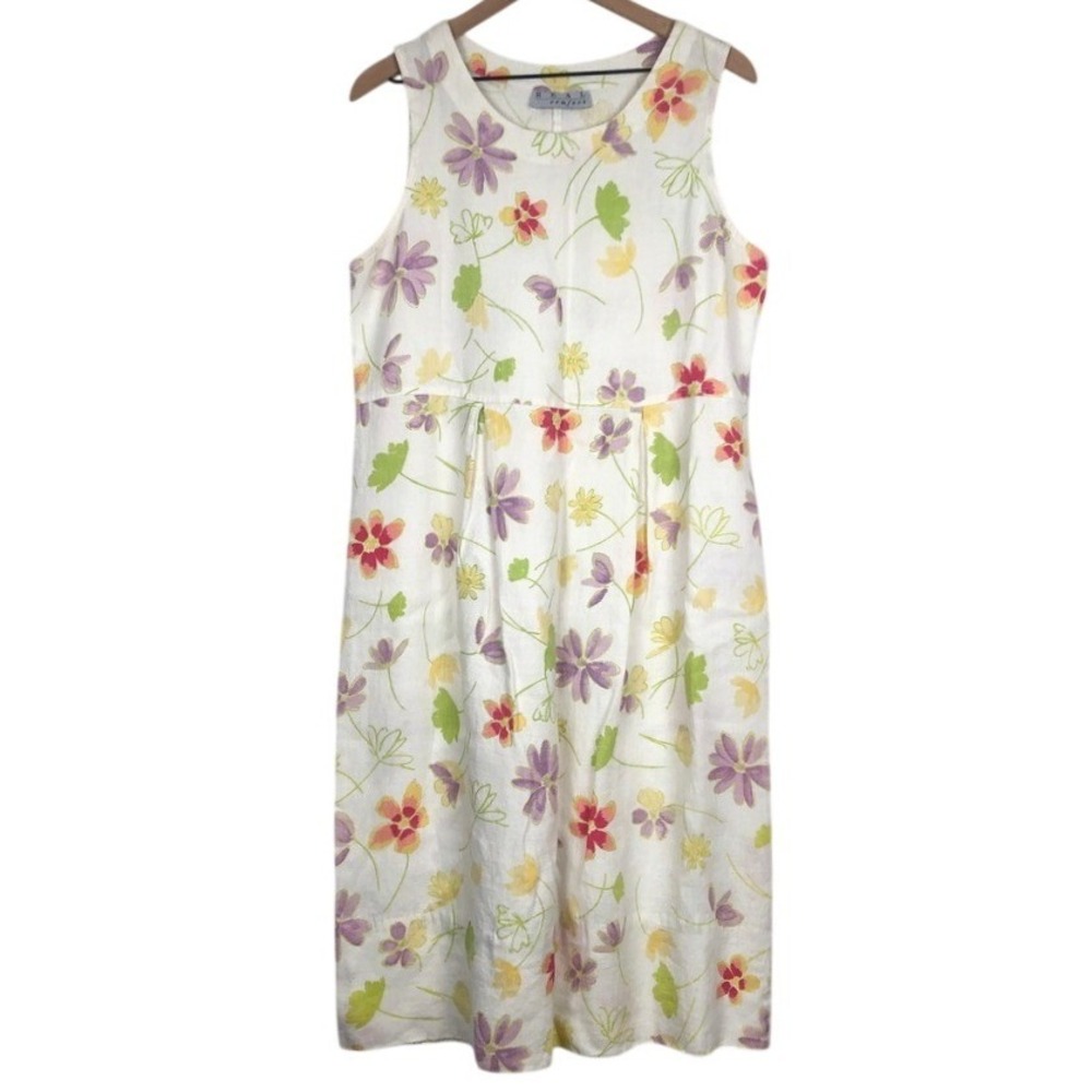 VTG Real Comfort Floral Sleeveless Linen Shift Dress Sz 14 L White Multi Cottage